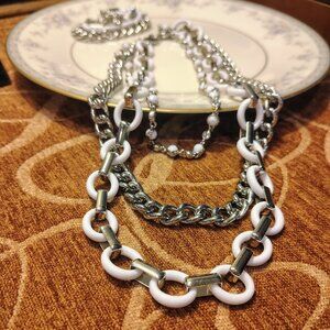 Lia Sophia Multi Strand Necklace Silver White Enamel Rhinestones Bracelet Set